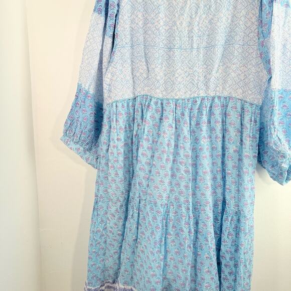 Clara The Label Blue Floral Block Print Tiered Balloon Sleeve Maxi Dress Medium - Picture 14 of 14